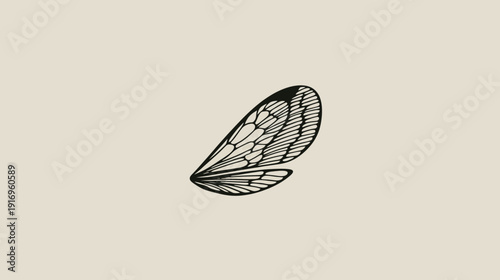 A stylized illustration depicting a single insect wing in black against a neutral beige backdrop