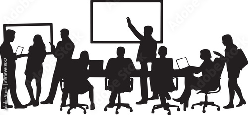 Silhouettes of people in a business meeting with a presenter