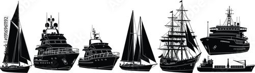 Ship silhouette collection, sailboat vector, yacht icons, cargo vessel artwork, oceanwind illustration, maritime clipart, boat design, nautical graphics, sea transport