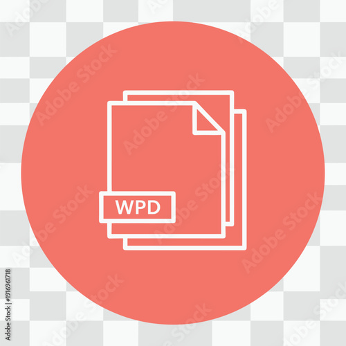 WordPerfect document file stack icon showing wpd extension on white outline documents over red circular background