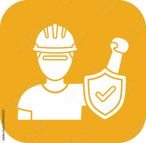 Industrial worker character wearing safety helmet and holding protective shield with check mark on orange backdrop