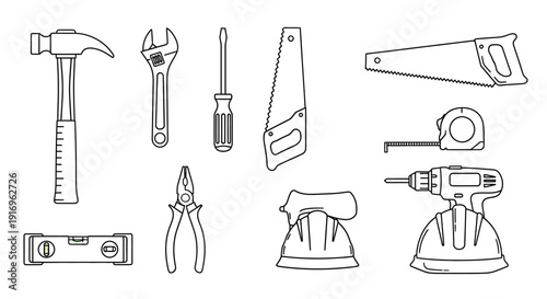 A collection of various hand tools and safety equipment, including a hammer, wrench, screwdriver, saws, pliers, a level, a tape measure, and hard hats, all depicted in a clean line art style.