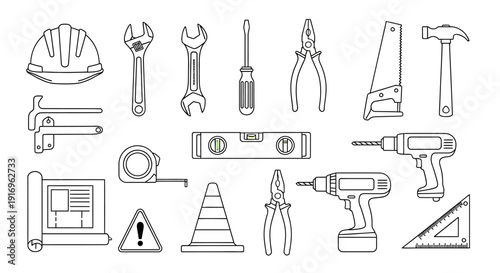 A detailed line drawing illustration showcasing a comprehensive collection of various construction and DIY tools, including safety equipment and measuring devices.