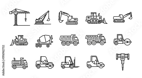 Collection of various construction vehicles and heavy machinery icons, presented in a clean, line-art style.