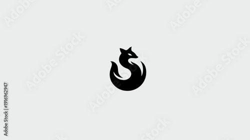A minimalistic black fox logo with white background. Its tail curls to the fox's head