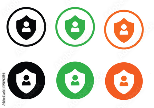 Security shield with person icon three color options black green orange