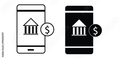 Mobile banking icon set with dollar coin and bank building symbol on transparent background
