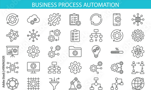 Business Process Automation and Workflow Line Icon Set with Gears, Settings, Cloud Computing, Project Management, System Integration, and Digital Transformation Symbols