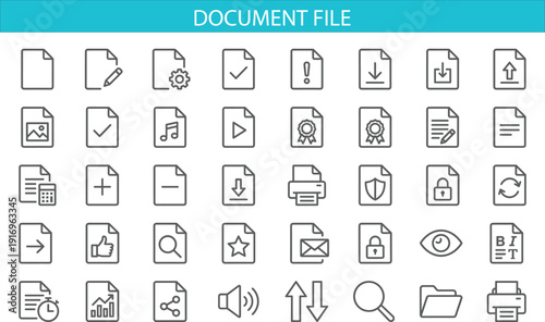 Document File Line Icon Set with Office, Media, Security, Upload, Download, and Business Symbols for Web Interface, App UI, and Digital Data Management Design