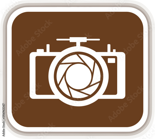 Vintage camera icon with aperture diaphragm on brown square background with transparent grid