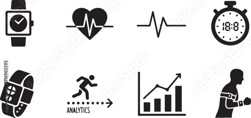Icons representing health and fitness tracking technology and activities