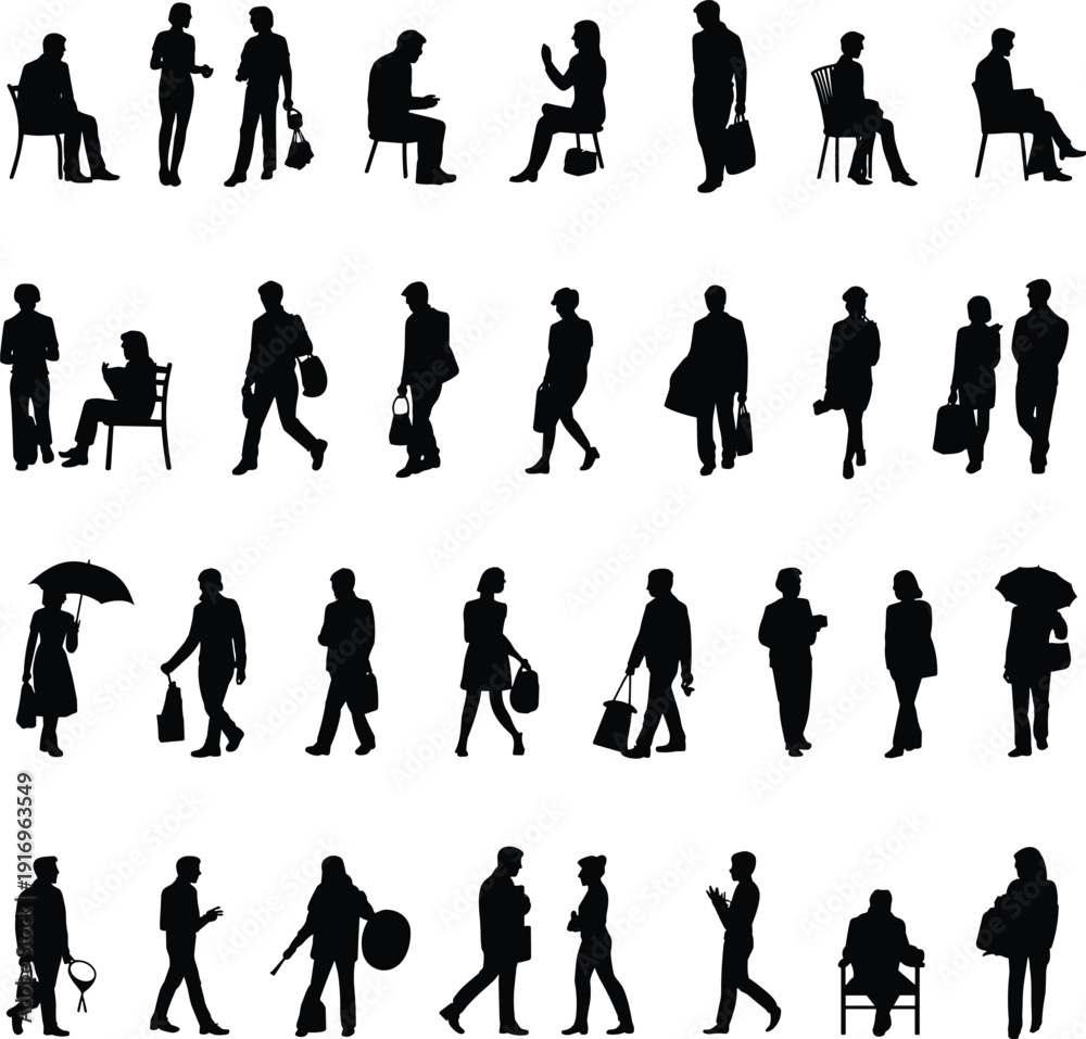 Fototapeta premium Business People Silhouette Collection with Walking, Sitting, Talking, and Working Professionals Isolated on White Background for Corporate Presentation and Graphic Design