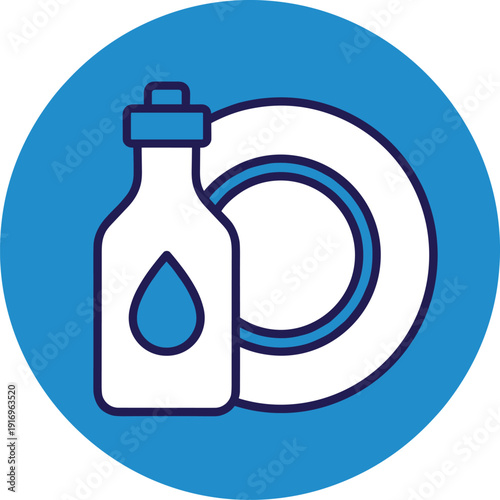 Dishwashing liquid bottle with water drop symbol next to plate representing kitchen cleaning and household chores