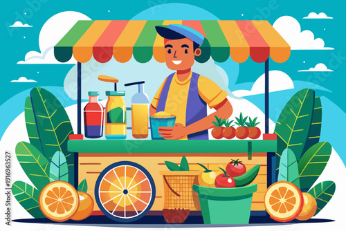 Fresh Juice Stall with Vendor in Tropical Street Market