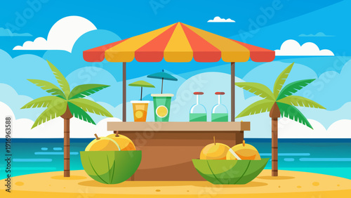 tropical beach with palm trees and umbrella