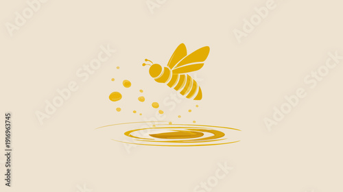 A stylized illustration depicting a bee flying over a pool, with honey splashes