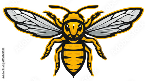A stylized wasp illustration with yellow, black, and gray tones. Wings spread, ready to fly