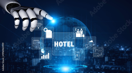 Bild auf Leinwand Futuristic Robot Hand Interacting with Digital Hotel Management Interface and Technology Icons in Night City Background Quark