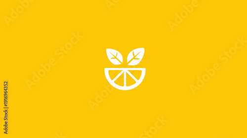 Minimalist logo design featuring a stylized fruit slice with leaves on a solid yellow background