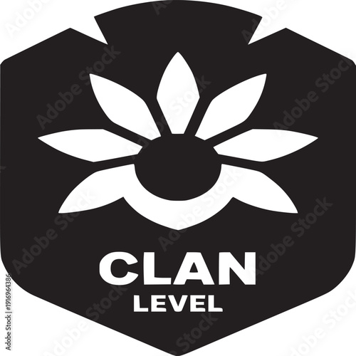A black clan level badge with a white flower design and white text on a white background image view