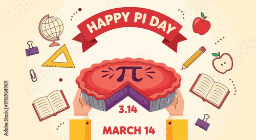 Happy Pi Day celebration vector illustration with hands holding a pie featuring the Pi symbol, surrounded by school supplies and educational elements. The design includes text "HAPPY PI DAY"