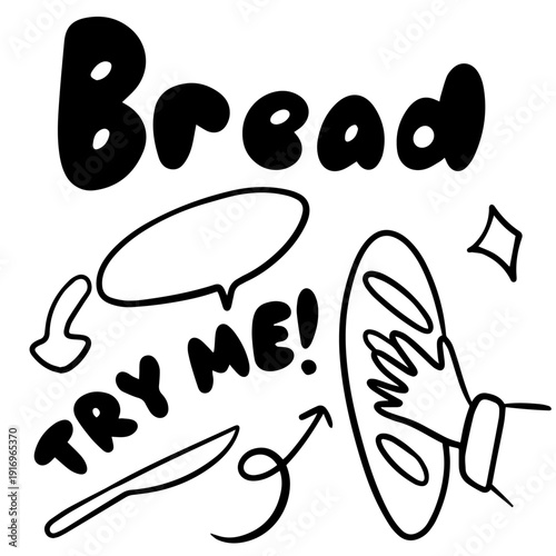 Hand Drawn bread Doodle with Bread Lettering for Bakery and Cafe
