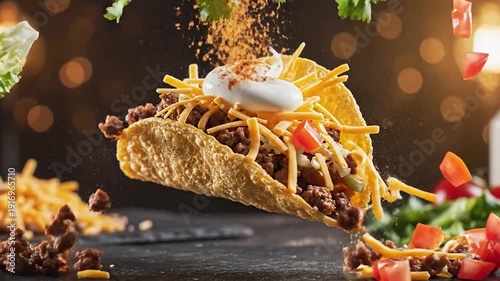 A vibrant and appetizing display of various tacos with fresh ingredients and colorful toppings