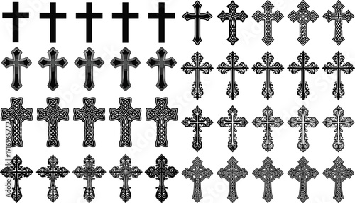 Black christian cross icon set featuring various simple ornate gothic and celtic decorative designs for religious faith church and memorial,