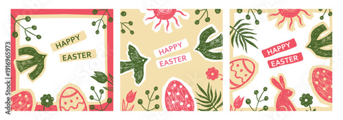 A vibrant set of Easter illustrations featuring a grunge textured collage aesthetic. Each panel depicts stylized birds, bunnies, eggs, and floral elements with a rough, hand-drawn paper-cutout look