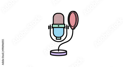 Microphone with pop filter on stand.