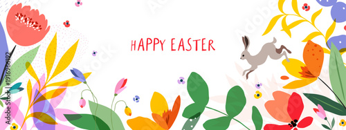 Modern abstract flowers and leaves background with Happy Easter greetings and  bunny. Springtime frame background. Poster, Easter, Womens Day, Mothers Day, March 8, birthday, children’s art workshops.