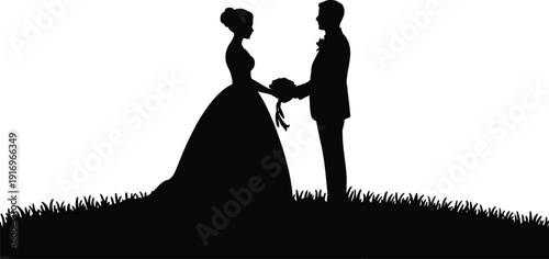 Wedding couple silhouette holding flowers on grass