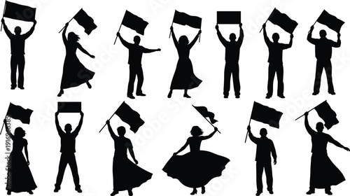 Black silhouette set of men and women waving blank flags and holding signs for national pride sports fans protests and celebration,