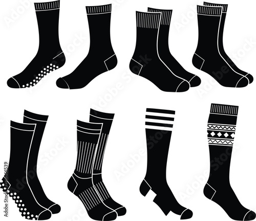 Black sock silhouettes icon set featuring various styles like crew athletic patterned and polka dot hosiery for apparel design and retail,