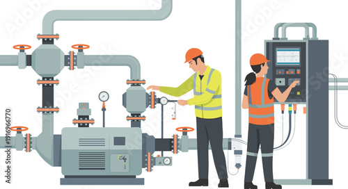 Industrial pipeline maintenance workers, engineers monitoring control panel, valve system, factory machinery, technical engineering illustration safety inspection concept