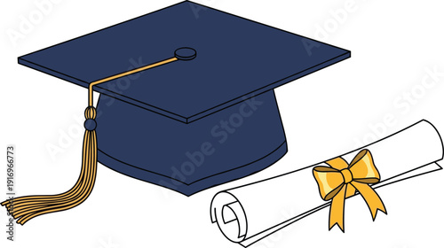 Blue graduation cap with golden tassel and rolled diploma with yellow ribbon on white background, academic success, commencement ceremony, achievement.