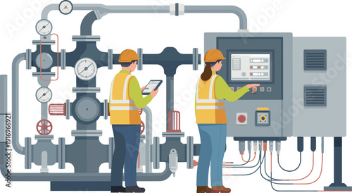 Industrial pipeline maintenance workers, engineers monitoring control panel, valve system, factory machinery, technical engineering illustration safety inspection concept