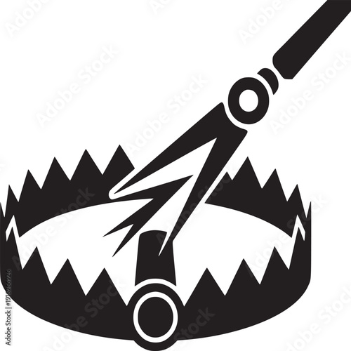A black and white illustration of a bear trap with sharp teeth and a trigger mechanism visible above