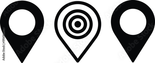Location pin icon set with target symbol, map marker collection for navigation, GPS, destination, and geolocation interface design
