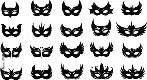 Collection of black masquerade mask silhouettes, elegant carnival eye masks for party, festive gala, theater, masquerade ball, and halloween celebration,