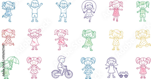 Colorful hand drawn doodle of happy children playing, back to school concept, elementary education, nursery kids, childhood joy, creativity.