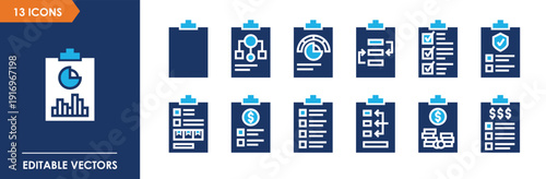 Modern Business Document File Icons Set in Flat Blue Corporate Style