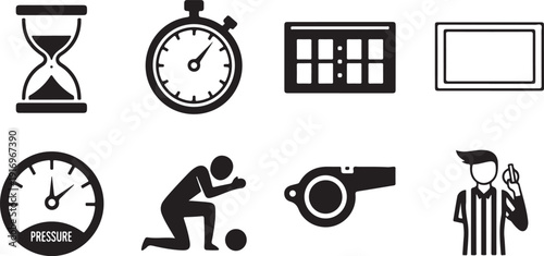 A collection of icons representing various aspects of sports and time management