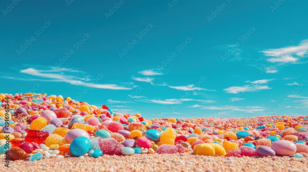 Fototapeta premium Colorful candy landscape under a vibrant blue sky.