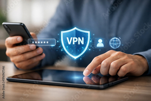 Business professional using smartphone and tablet with glowing VPN shield interface for secure data transmission and private internet access