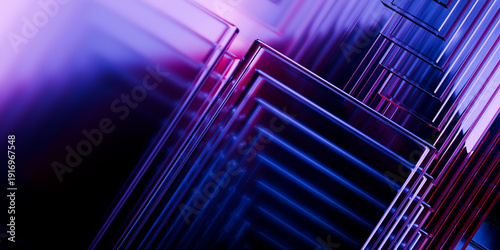 Cyber elements made of transparent glass and liquid acrylic purple blue glow on black backdrop cinematic tech background design cover art visuals 3d rendering