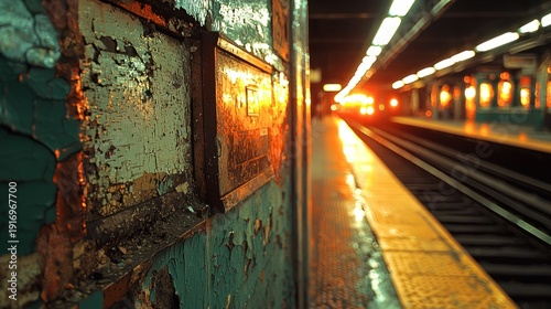 Subway platform at sunset with approaching train and peeling paint