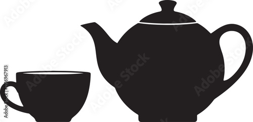 Black silhouette of a teapot and a cup on a white background also transparent background coffee drink