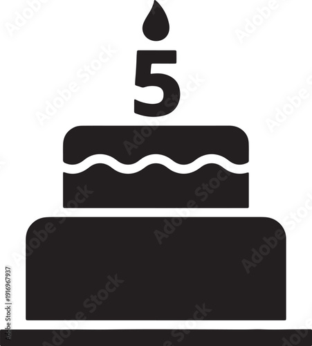 Black silhouette of a two tiered birthday cake with a lit candle showing the number five also transparent background