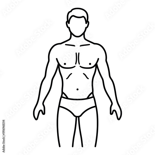 Minimalist line art illustration of a fit male torso and upper body.
